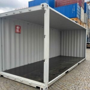 Container with a cut longer side wall and doors