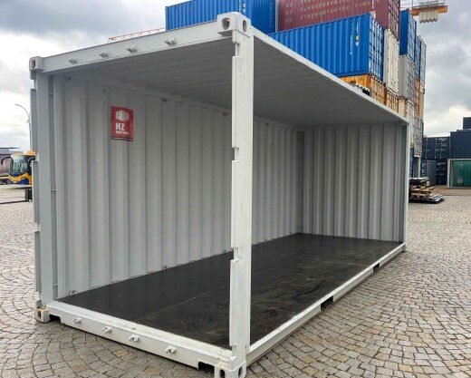 Container with a cut longer side wall and doors
